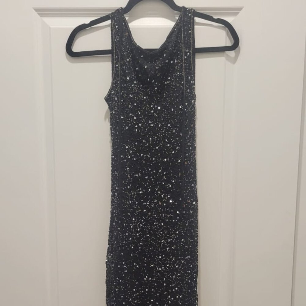 STENAY Silk Beaded/Sequins Dress,  Black Long Embellished Scoop Back, Size 4